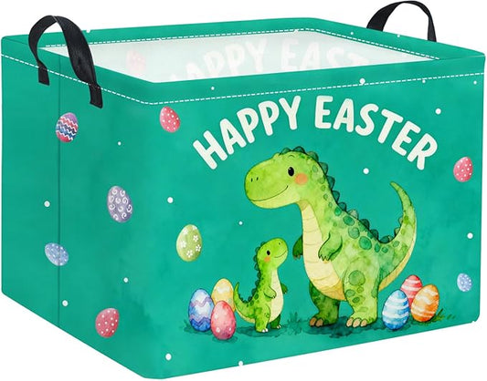 Rectangular Easter Basket Baby Storage Basket with Handles for Home Kitchen Boys and Girls Cute Storage Bin Organizer Shelf Book Room Decor(Green Dinosaur)