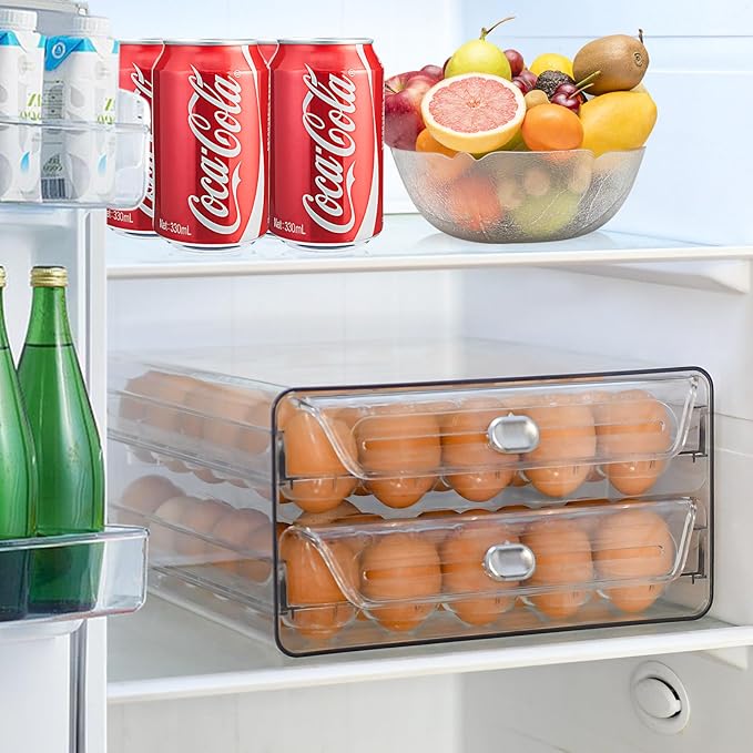 MFBJXC Egg Holder for Refrigerator, 60 Eggs Clear Drawer Organizer, 2-Layer Stackable Egg Holder Egg Trays, Egg Storage Container with Time Scale for Fridge Countertop Cabinet