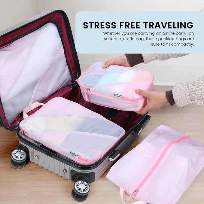 PFEYRPK Lightweight Compression Packing Cubes for Suitcases, Compressible Expandable Travel Packing Organizer with Clear Toiletries and Backpack Bag, Travel Essentials for Carry on Luggage 7 Set