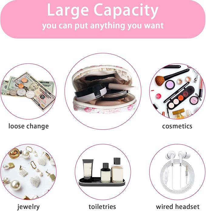 Small Quilted Cotton Makeup Bag for Purse Mini Cosmetic Period Bag for Women Cute Pink Flower Bow Makeup Sanitary Pouch Portable Travel Toiletry Bags with Zipper Christmas Birthday Gifts