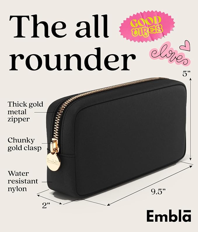 Embla Makeup Bag Travel Cosmetics Pouch and Toiletry Bag, Nylon Zipper Pouch Purse, Cute Make Up Organizer Storage Tote for Women Girls, Waterproof Travel Skincare Case, Small Makeup Bags, Black