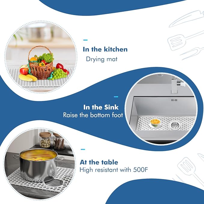 Silicone Sink Protectors for Kitchen Sink - 26"x 14" Kitchen Protector Accessory, Non-Slip Heat Resistan Mat for Bottom of Farmhouse Stainless Steel Porcelain (Rear Drain Hole,White)