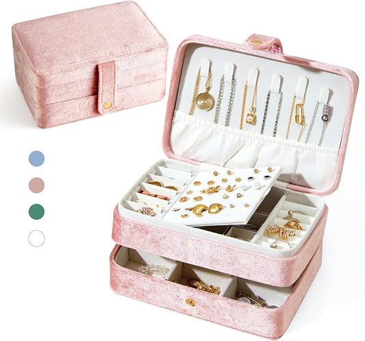 Velvet Small Jewelry Box for Women Girls, Double Layers Travel Portable Jewelry Case for Ring, Pendant, Earring, Necklace, Bracelet Organizer Storage Holder Boxes, Pink