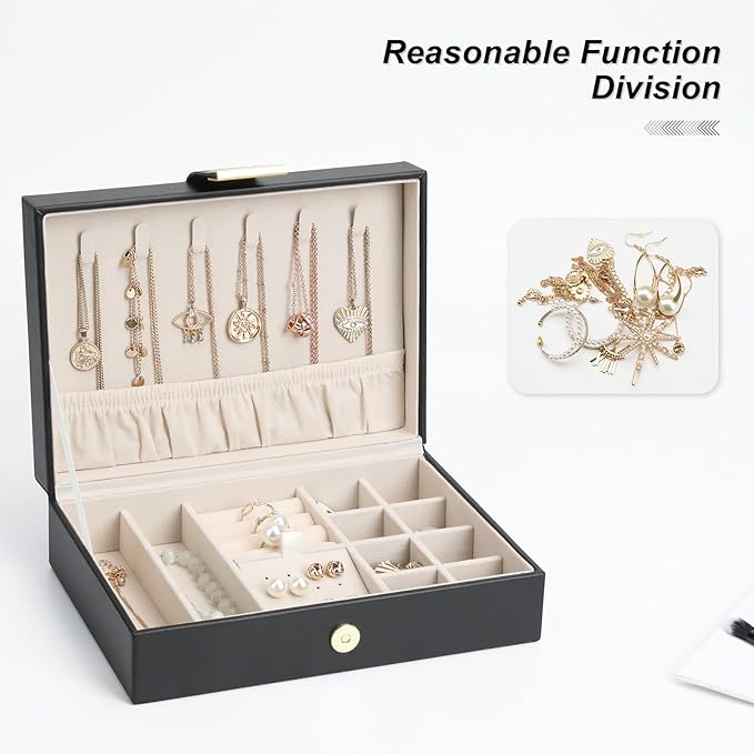 Jewelry Box Travel Jewelry Organizer Case for Women Portable Storage for Earrings, Necklaces, Rings, Bracelets Gift Box Black