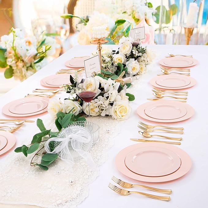 FLOWERCAT 60PCS Pink Plastic Plates - Heavy Duty Pink Plates Disposable for Easter Party&Valentine's Day/Wedding - serving 30 guests Include 30PCS 10.25inch & 30PCS 7.5inch