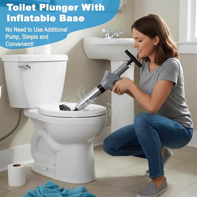 Toilet Plunger, High Pressure Toilet Plunger with Gloves,2 Hair Snake,2 Hair Filters, Toilet Auger Air Drain Blaster with Real-Time, Heavy Duty Plunger for Bathroom and Kitchen Plumbing Clogs