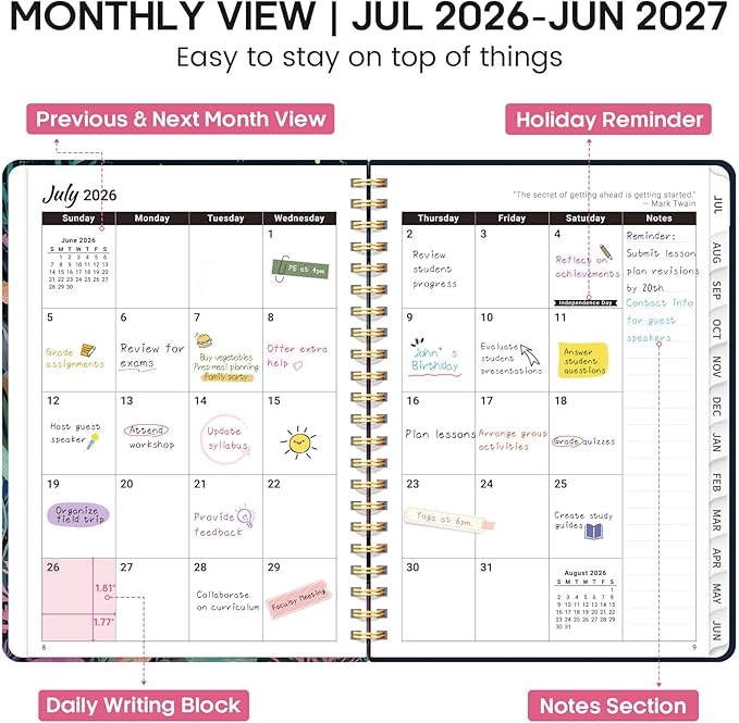 Academic Planner 2026-2027, Weekly and Monthly Calendar Book, July 2026 – June 2027, Hardcover Planner with Tabs, Perfect for Teachers, Students, Women & Men, A4 (8.5" x 11") - Jellyfish