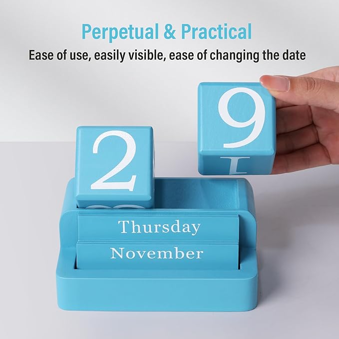 Wooden Block Calendar for Desk, Daily Desktop Perpetual Desk Calendar, Modern Farmhouse Aesthetic Desk Accessories for Home Office Decor, Teacher, Classroom, Reusable Yearly, Blue