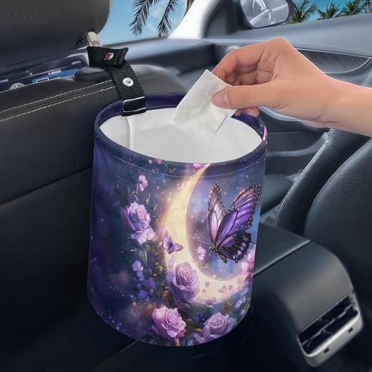 gearider Butterfly Car Garbage Can Small Trash Can with Leak Proof Inside Liner and Hanging Strap Moon Waste Basket Purple Car Garbage Accessory