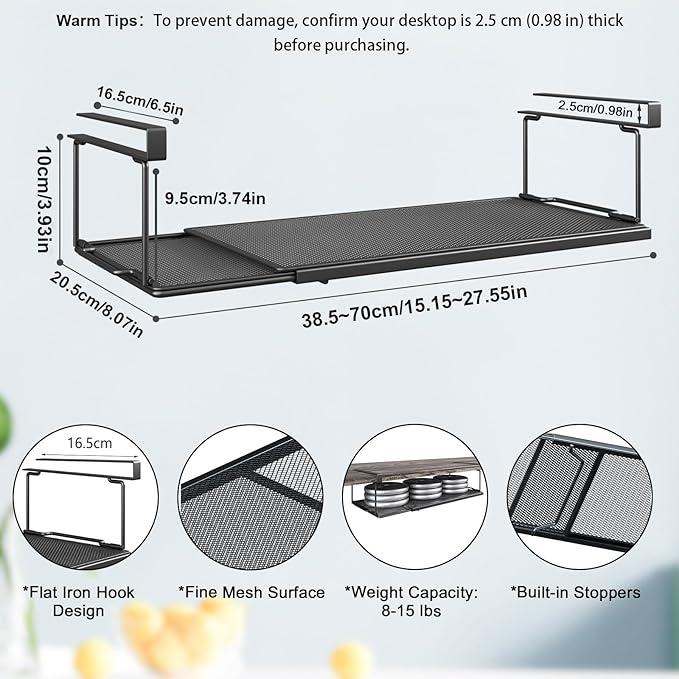 2 Pack Expandable Under Cabinet Shelf, Under Shelf Storage with 0.94 Inches Thick Clips for Kitchen Cupboard, Metal Hanging Under Desk Basket for Laundry Room, Cabinet, Shoe Rack