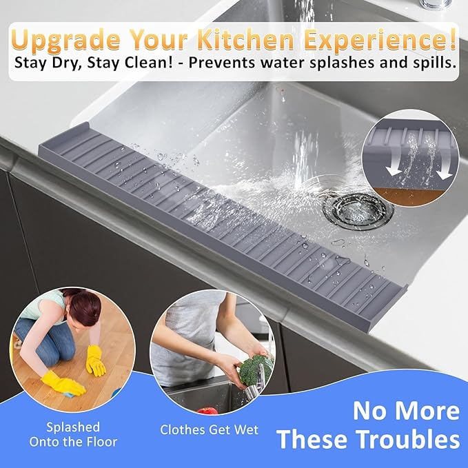 AyNirser Sink Edge Protector with Suction Cup 14" 20" 24" 30", Silicone Sink Splash Guard for Kitchen & Bathroom, Protect Countertop from Scratches, Stains, for Stainless Steel Granite Quartz-Grey