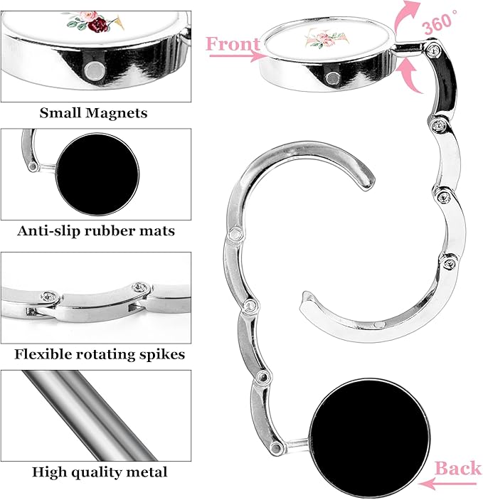 XSUIOY 3Pcs Personalized Initial Foldable Purse Hook for Table,Crushed Flower Letters Folding Purse Hanger,Purse Holder Handbag Hanger Collection Desk Table Bag Hooks Gifts for Women Bag(Pink-F)