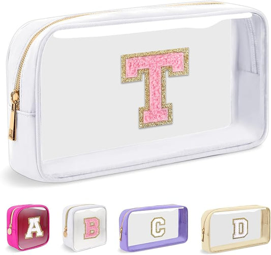 Small Clear Personalized Initial Makeup Bag, Preppy Nylon A-Z Chenille Letter Patch Makeup Organizer TSA Approved Travel Toiletry Bag,Waterproof Zip Beach Cosmetic Pouch Purse for Women(White-Pink T)