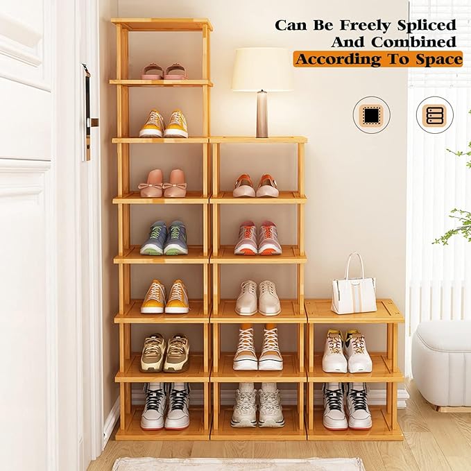 Bamboo Shoe Rack 12-Tier - Vertical Shoe Rack for Small Spaces, Tall Narrow Shoe Rack Organizer for Closet, Entryway, Corner, Garage, and Bedroom, Skinny Shoe Shelf with Free Stackable DIY