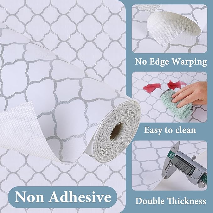 Shelf Liners for Kitchen Cabinets 17in x 20FT Non Adhesive Drawer Liner Silver Quatrefoil Shelf Liner Paper Strong Non-Slip Easy to Clean for Tool Box Refrigerator with Knife and Tape Measure