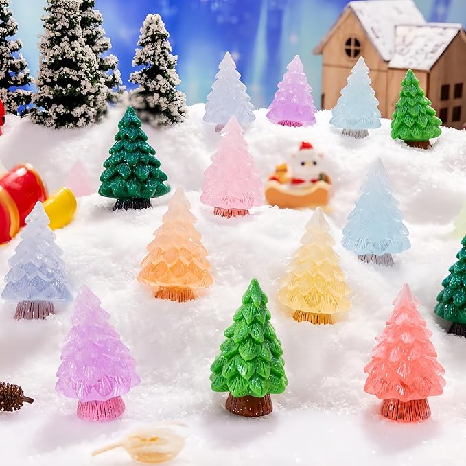 24 Pcs Mini Glitter Christmas Tree Figurines Glow in The Dark Xmas Luminous Resin Tree Miniature for Holiday DIY Crafts Garden Micro Landscape Party Home Tabletop Decoration