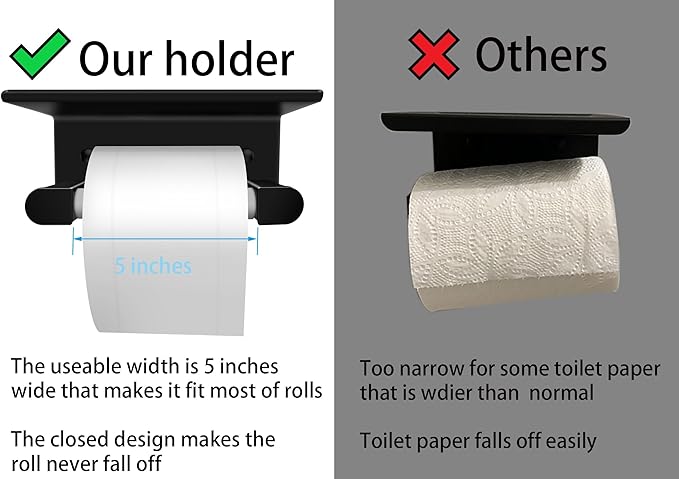D&Joy Bathroom Toilet Paper Holder, Matte Black Adhesive or Screw Wall Mounted Tissue Holder with Shelf, Aluminum Toilet Roll Holder with Spring Loaded Roller for Bathroom Kitchen