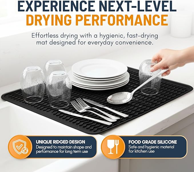 Silicone Dish Drying Mat for Kitchen Counter - Multi-Use 18 x 16 Inch Pad, Non-Slip & Heat-Resistant, Perfect Dish Drainer Mat by Linda’s Essentials, Ideal Kitchen Accessory (Black)