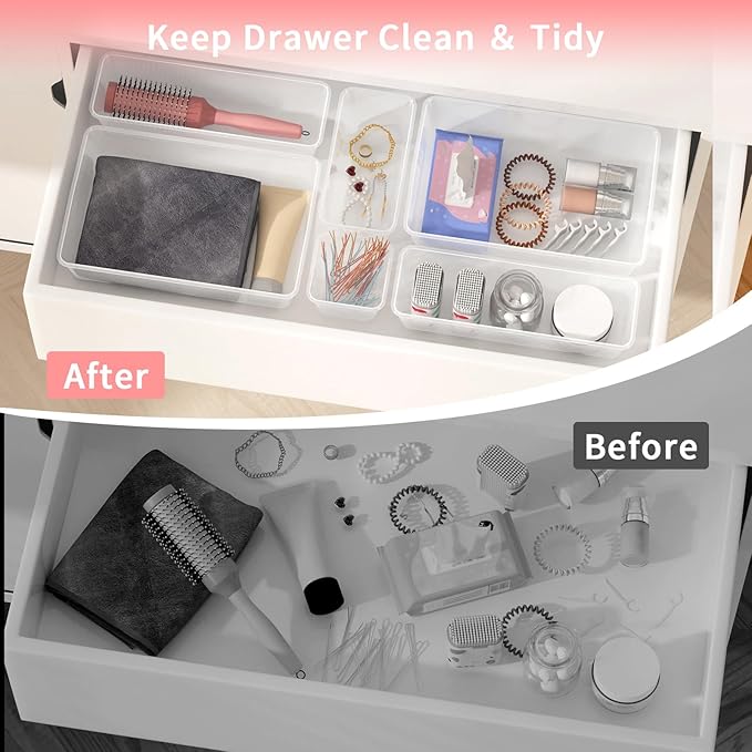 15 PCS Clear Plastic Drawer Organizer Set, 4 Sizes Versatile Bathroom Drawer Organization and Storage Trays, Non-Slip Desk Vanity Storage Bins for Makeup Jewelry Kitchen Utensil Gadget Office