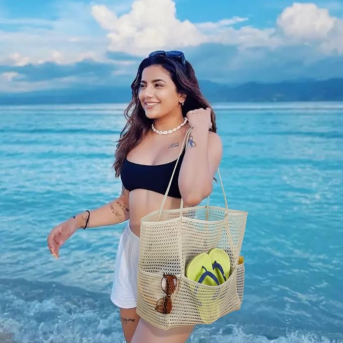 Tainehs Beach Mesh Tote Bag for Women, Large Travel & Pool Bag, Lightweight Vacation Cruise Tote (Inside Out – Flip to Use)
