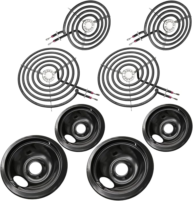 MP22YA Electric Stove Burner Element Replacement Set & 5304430149 5304430150 4 Pack Black Drip Pans - Perfectly Fit Frigi-daire Ken-more Cros-ley Tap-pan Electric Range Stove Top