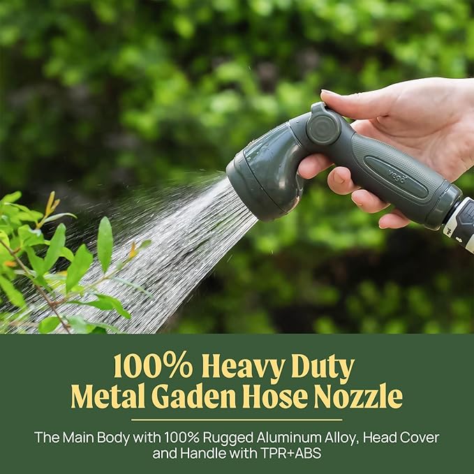 Garden Hose Nozzle - 9 Spray Patterns, Metal, Thumb Control, On/Off Valve, High Pressure Heavy Duty Water Hose Spray Nozzle for Gardening, Lawn Care, and Cleaning Tasks-Seaweed Green