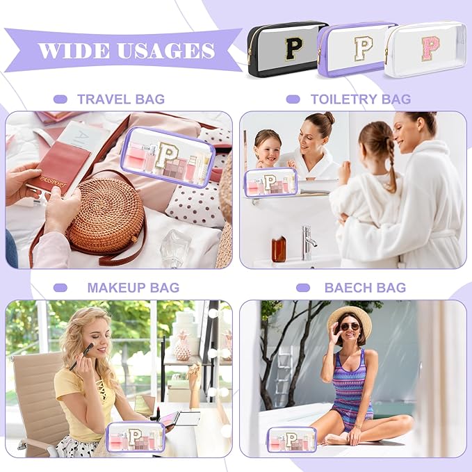 Personalized Initial Letter Clear Makeup Bag, Preppy Small Nylon & PVC Cosmetic Zipper Bag with Chenille Letter, Travel Skincare Toiletry Bag, Monogram Christmas Gift for Teen Girls Women, P
