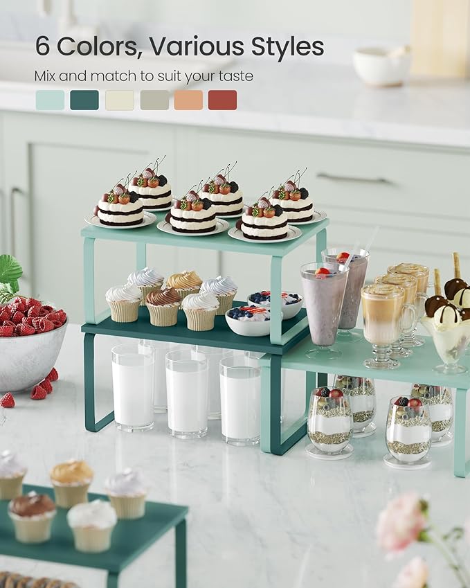 SONGMICS Cabinet Organizer Shelf, Set of 2 Kitchen Counter Shelves, Kitchen Storage, Spice Rack, Stackable, Expandable, Metal and Engineered Wood, Marrs Green UKCS002C02