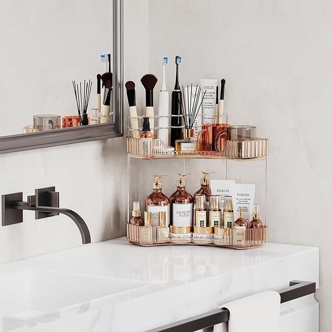 2-Tier Corner Bathroom Counter Organizer with Top Toothbrush Holders,Large Makeup Organizer Countertop with Brush Holder,Skincare Organizers Corner,Exquisite Vanity Organizer (Gold, 2 Tier)