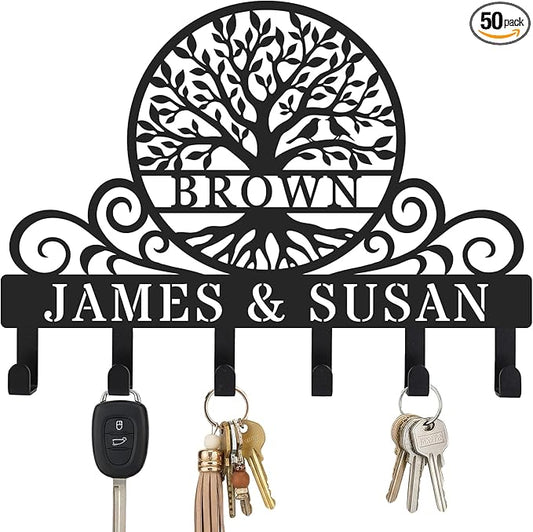 Personalized Tree of Life Metal Key Holder for Wall, Monogram Coat Rack Wall Mount, Key Hooks for Bathroom, Living Room, Kitchen, Office, Wedding, Anniversary & Housewarming Gift