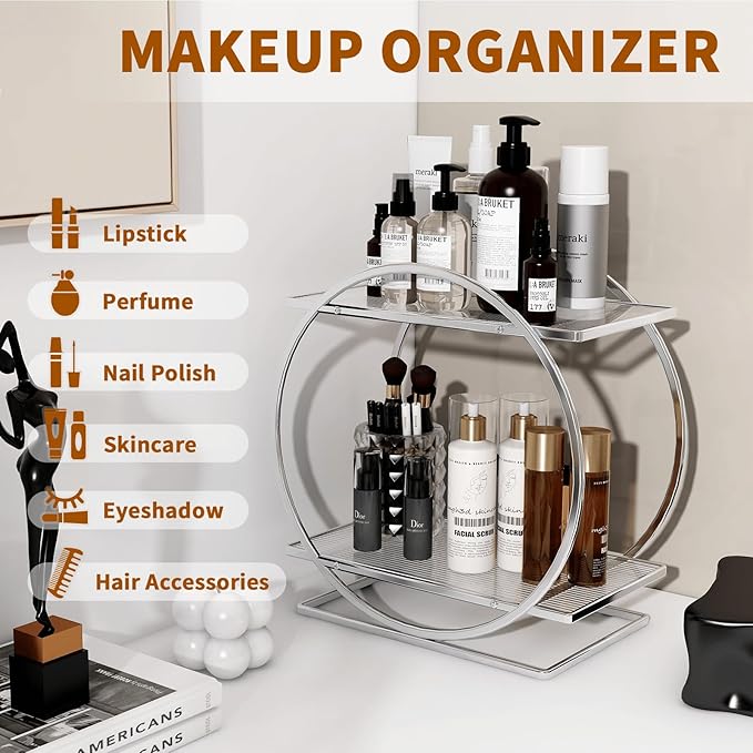 Perfume Organizer for Bedroom Dresser - Silver Makeup Organizers for Vanity, 2 Tier Bathroom Countertop Organizer Perfume Tray Skincare Storage Cosmetic Display Rack, Makeup Counter Shelf