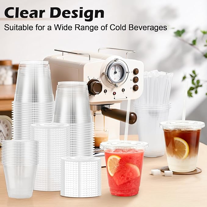 Lamosi 100 Pack 12 oz Clear Plastic Cups with Lids and Straws, Disposable Iced Coffee Cups with Lids for To-Go Cold Drinks, Smoothies and Slushie
