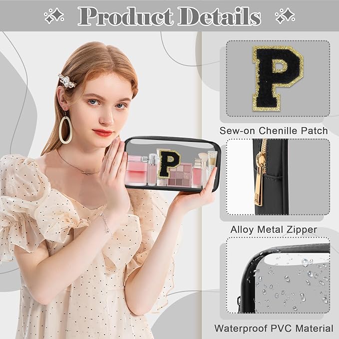 Personalized Initial Letter Clear Makeup Bag, Preppy Small Nylon & PVC Cosmetic Zipper Bag with Chenille Letter, Travel Skincare Toiletry Bag, Monogram Christmas Gift for Teen Girls Women, P