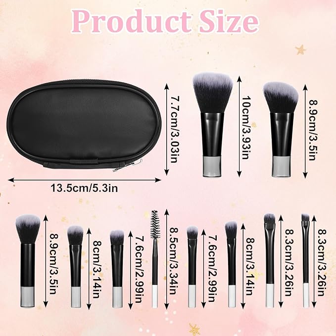10 Pcs Mini Travel Makeup Brush Set With Pouch Black Portable Travel Size Makeup Brushes Professional Cosmetic Brush Travel Essentials kits for Brush Blush Powder Eye Shadow Women Girls