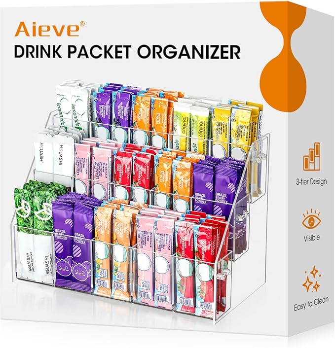 AIEVE Drink Packet Organizer with 15 Compartments, Water Packet Organizer for Water Flavor Drink Mix, Easy Assembly Acrylic Sugar Packets Holder for Cabinet Kitchen Storage Organization