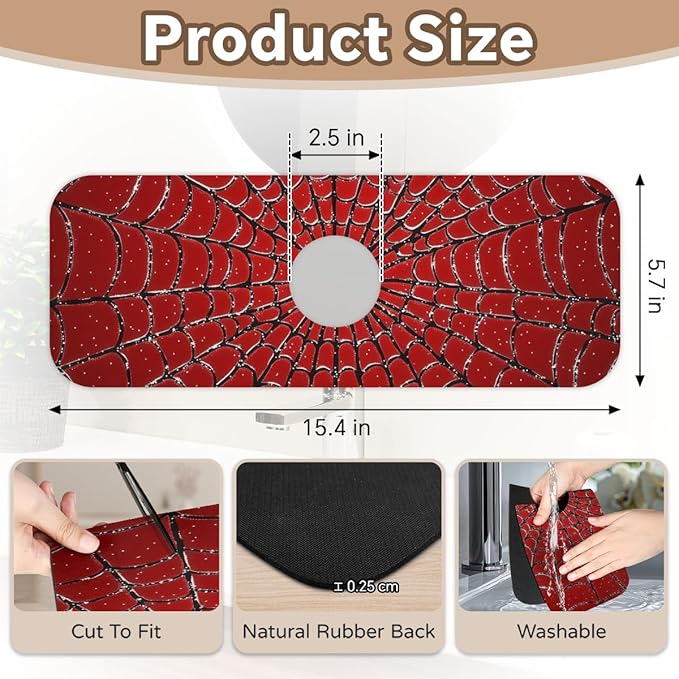1 PC 15.4*5.7 Inch Absorbent Faucet Mat for Kitchen Sink Splash Guard Fast Drying Kitchen Faucet Mat for Bathroom Kitchen Spider Web