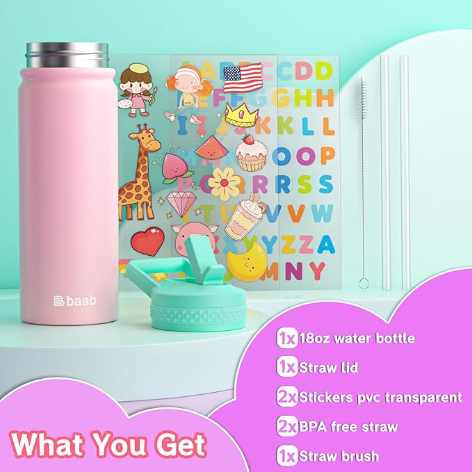 baab 18oz Kids Water Bottle, Insulated Water Bottle with Straw & Stickers, 18/8 Stainless Steel Vacuum Leakproof Kids Water Straw Cup for School, Perfect for Boy Girl (Pink, 1 Pack)