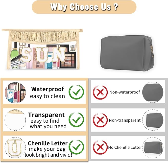 2 Pcs Boho Straw Clear Makeup Letter Bag BEACH Pouch, Sunscreen Bags for Beach Travel Small Cute Chenille Letter SPF Bag Pouch,Waterproof Beach Toiletry Sun Bag Best Beach Accessories for Women(SUN)