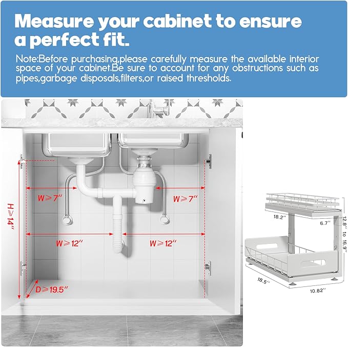 1 Pack 18 IN Depth Under Sink Organizer with Smooth Ball Bearing Slides, 2-Tier Pull Out Cabinet Storage, Slide Out Drawers for Bathroom & Kitchen, Rust-resistant Coating, Height Adjustable-White