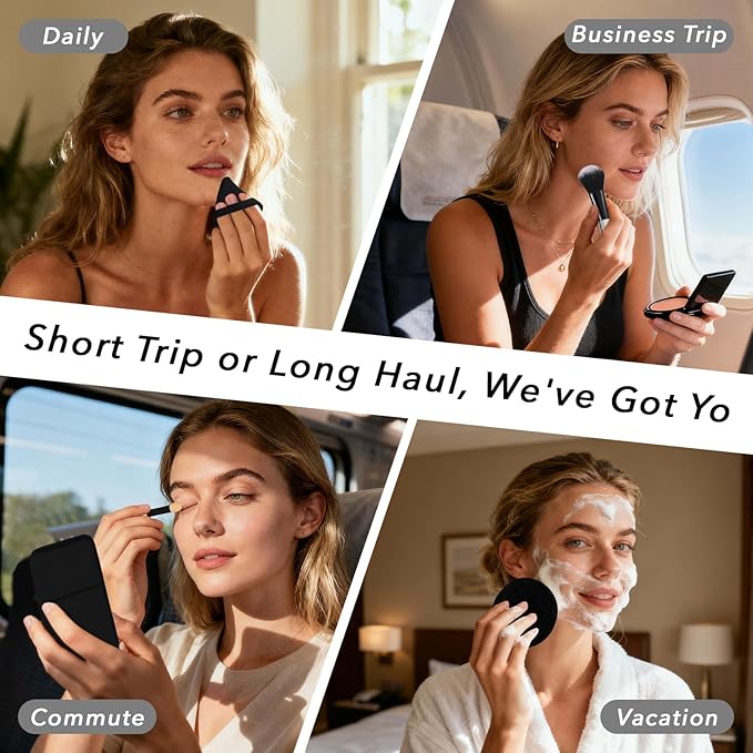 Travel Makeup Brush Set, 77Pcs Mini Makeup Kit Synthetic Foundation Concealers Eye Shadows Brushes Powder Puff with Eyelash Curler Eyebrow Razor Comb Mirror Hair Clips Cosmetic Bag (Black)