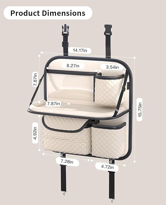 Leather Car Backseat Organizer with Foldable Table Tray - Cup/Tissue/Tablet Holder, Car Seat Back Storage Organizer, Road Trip Essentials for Adults & Kids (white)