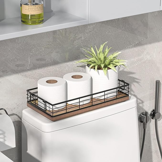 Acacia Toilet Paper Basket, 13 Inch Tank Tray Top of Toiletries Storage Organizer for Bathroom, Living Room and Kitchen (Acacia & Black)