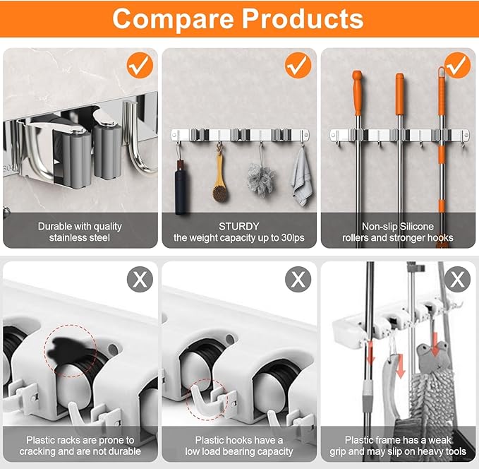 2 Pack Mop and Broom Holder Wall Mount, Non-slip Broom Hanger Wall Mount, Heavy Duty Mop Broom Organizer for Kitchen Garden Garage Laundry Room Wall Decor Organization and Storage Black 5R4H