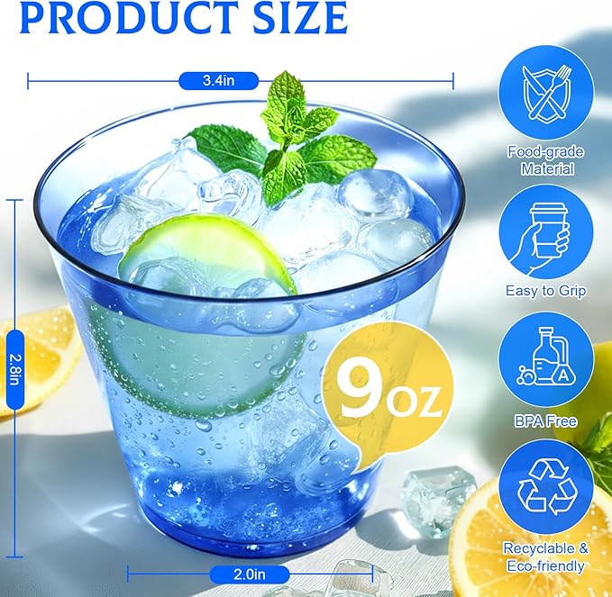 9 oz Clear Plastic Disposable Cups for Cocktail 50 Pack Fancy Cocktail Cup for Party Stemless Wine Glasses for Party Wedding Graduation Birthday，Royal Blue