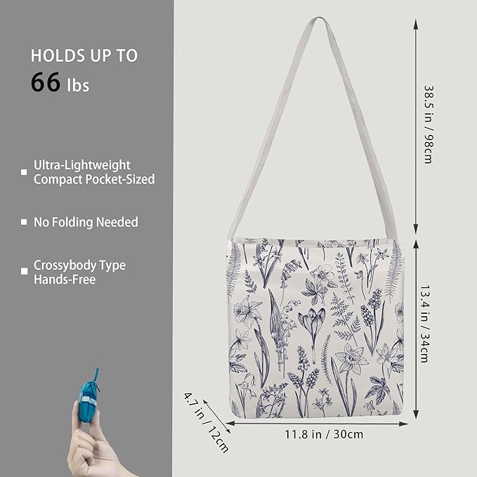 BeeGreen Froal Flowers Ultimate Crossbody Tote Bag - Reusable Grocery Shopping Bag - Foldable Compact Portable Sturdy Bags