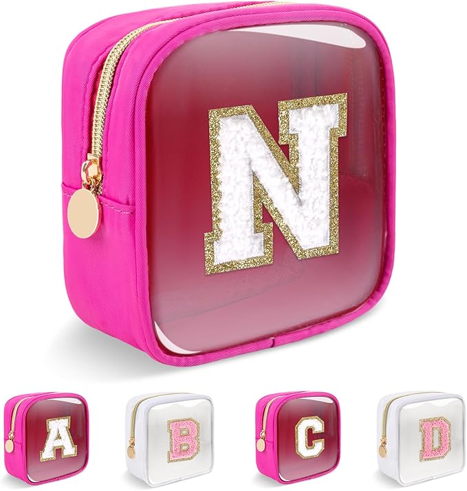 Personalized Initial Letter Clear Preppy Makeup Bag,Mini Nylon Chenille Letter Cosmetic Bag Cute Zipper Pouch Coin Purse for Teen Girls,Portable TSA Approved Travel Essentials Bag Gift for Women,N
