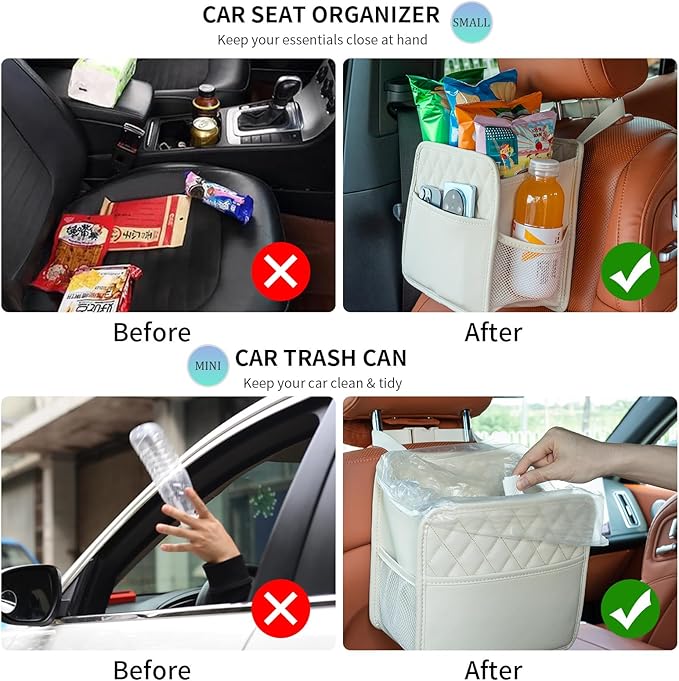 2Pack Car Seat Back Hanging Bag Car Document Holder Multi-Pocket Bottle Bag Storage Box Organizer Travel Tidy Pouch Pocket Kids Beige