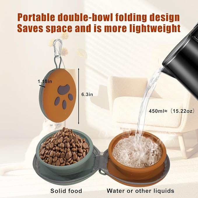 Collapsible Dog Bowls, 2-in-1 Silicone Pet Food and Water Bowl with Carabiner, Portable Double Compartment Dish for Travel, Camping, Hiking Puppy Essentials (Green browen)