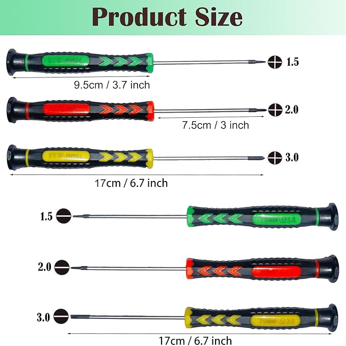 Screwdriver SET OF 6 - Magnetic Flathead and Phillips With NON-SKID Handle in Different SIZES / COLORS - Professional Repair Tool Kit For Electronics/ iPhone/ PC/ Jewelry/ Watch/ Eyeglass