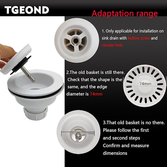 White Kitchen Sink Drain Basket Strainer Stopper Replacement for Polymer Sink Drain, TGEOND Brass Center Plug Removable Basket Drains